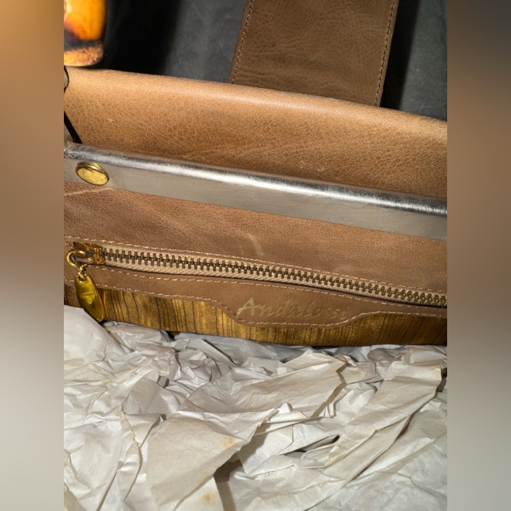 Andalossi NWT Golden Meadow Cappuccino leather calf hair bamboo crossbody bag - Picture 15 of 16